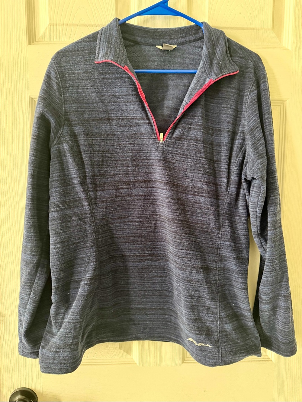 Eddie Bauer Women's Heathered Navy Quarter-Zip Sweater with Pink Trim